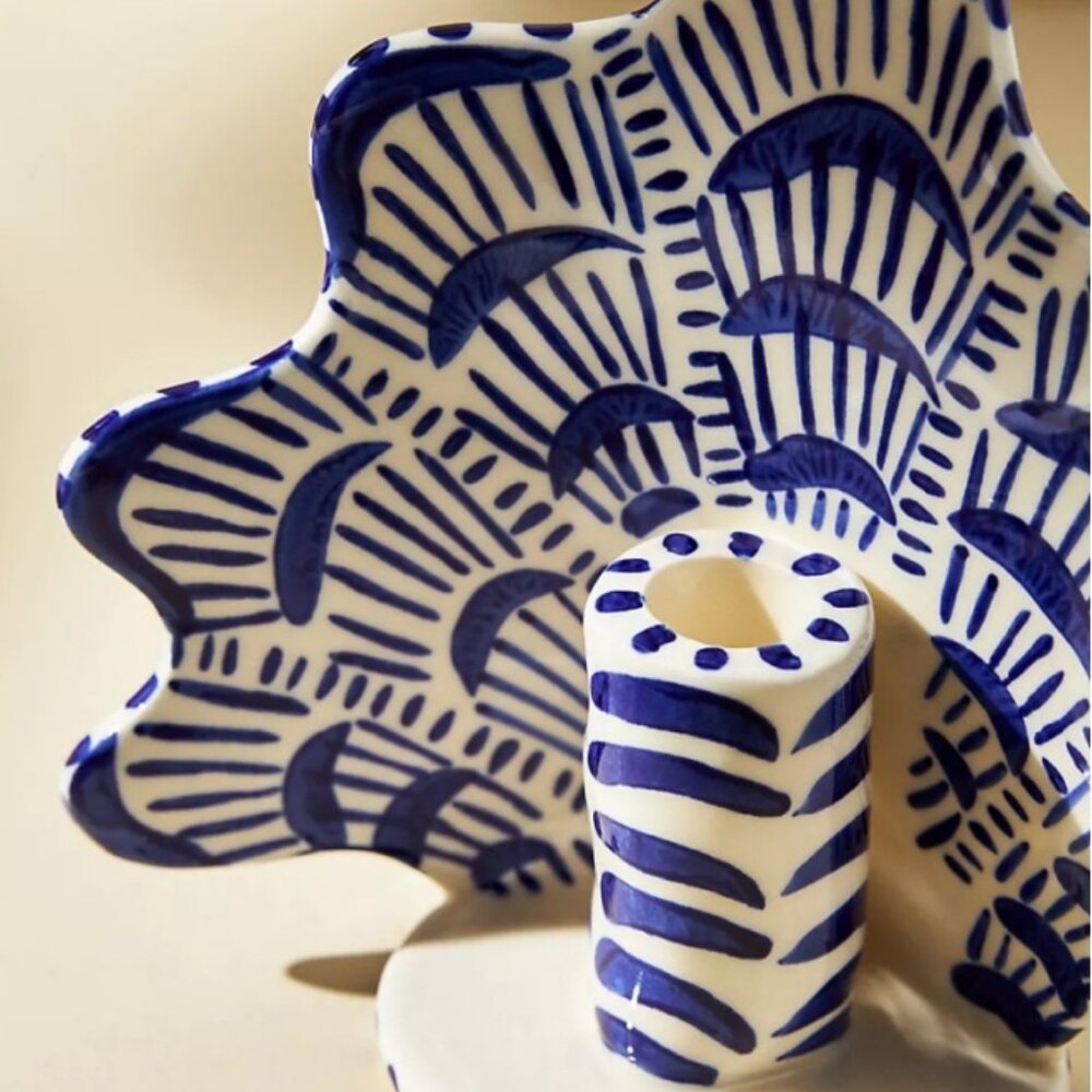 Brand New Anthropologie Lucie de Moyencourt Blue and White Shell Candle Holder - Picture 2 of 5